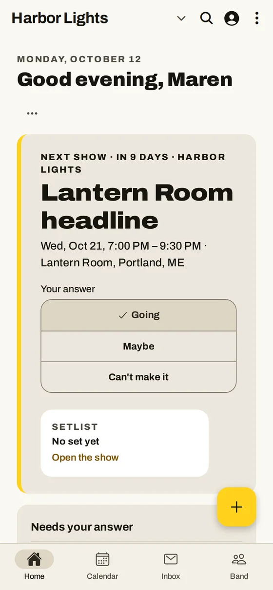 The same band's home page on a phone