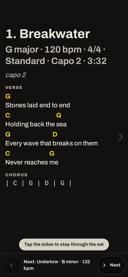 Perform mode on a phone: one song in big type on a dark screen